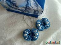 Lace svetlo modri uhančki s perlicami, čipka