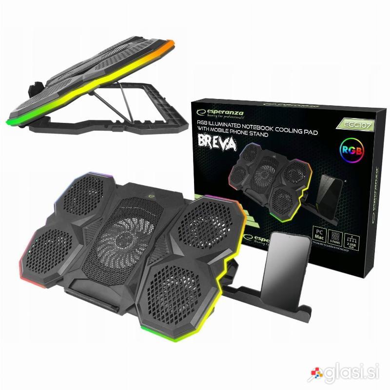 LED RGB igralna LCD hladilna podloga za prenosni računalnik 5x ventilator 2x USB