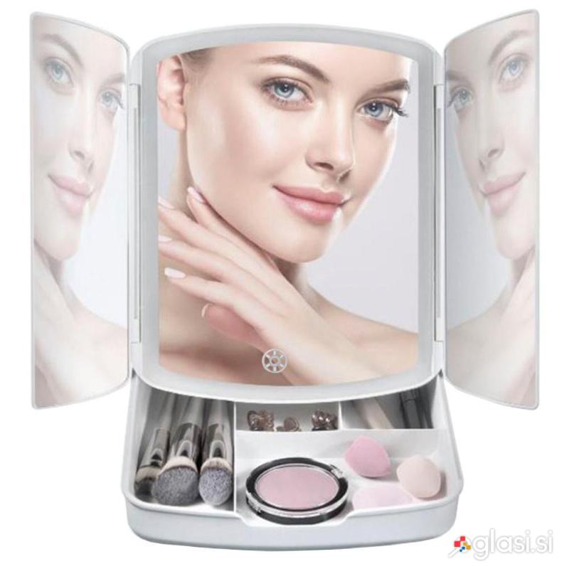USB touch LED zložljivo osvetljeno kozmetično ogledalo in organizator s 5x poveč