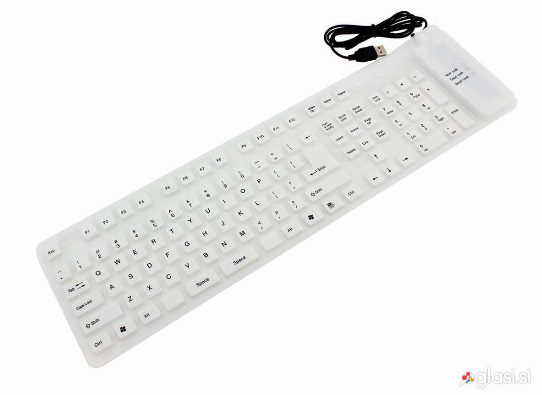 Tanka vodoodporna USB silikonska tipkovnica - zložljiva bela