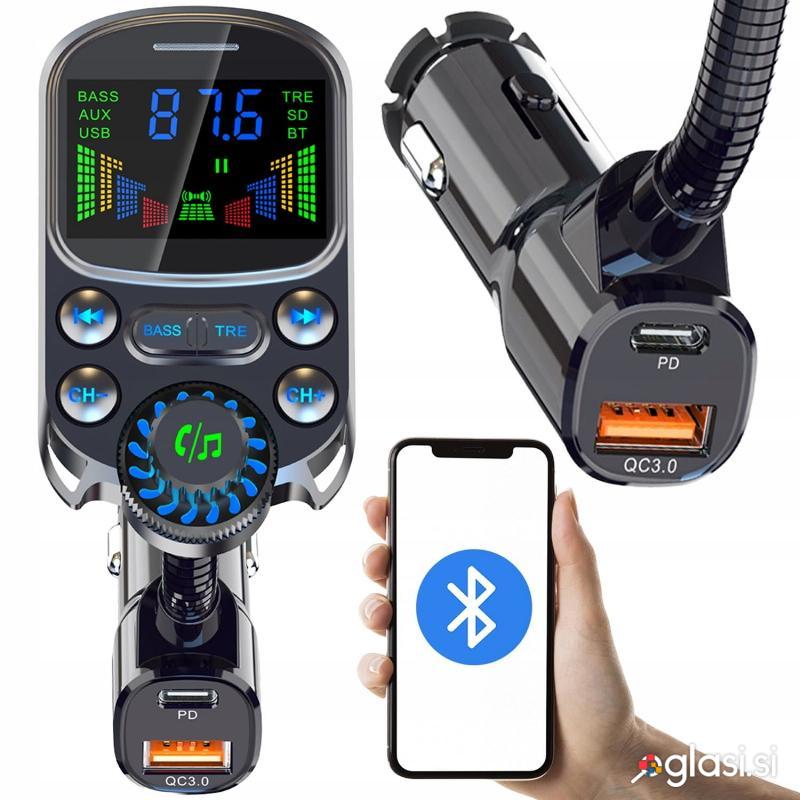 Avtomobilski FM oddajnik velik LCD bluetooth 5.3 in polnilec 12-24V 3x USB 3.0 R