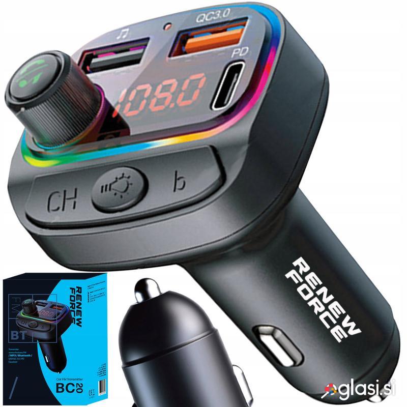Avtomobilski FM oddajnik LCD bluetooth in polnilec 12-24V 2x USB Quick Charge 3.