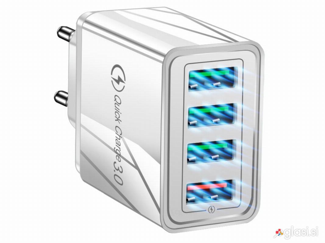 4x USB 3.0 hitri polnilec 220V z LED 3.1A siv