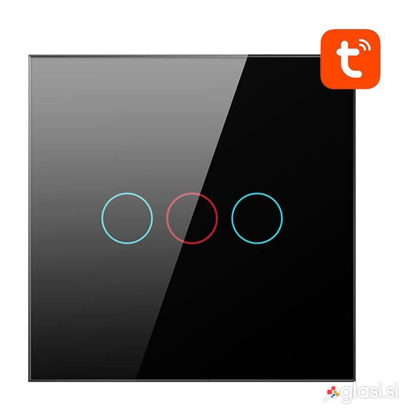 Pametno stekleno LED WiFi stikalo touch TUYA 3-kanalno črno Alexa Google Assista