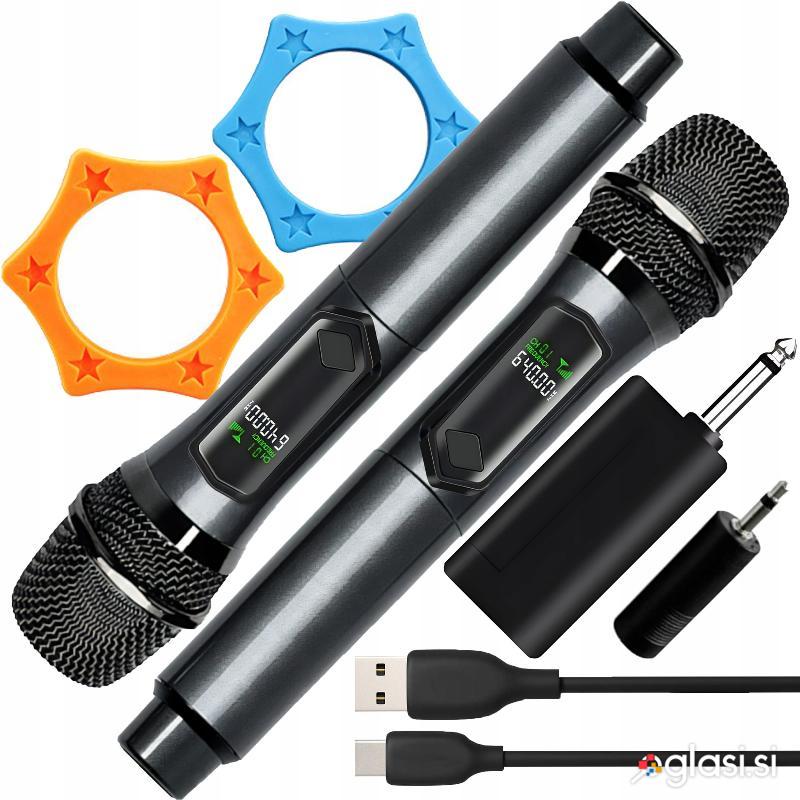 Brezžični aku. karaoke set 2x mikrofon LCD in sprejemnik do 50m 2,4 GHz