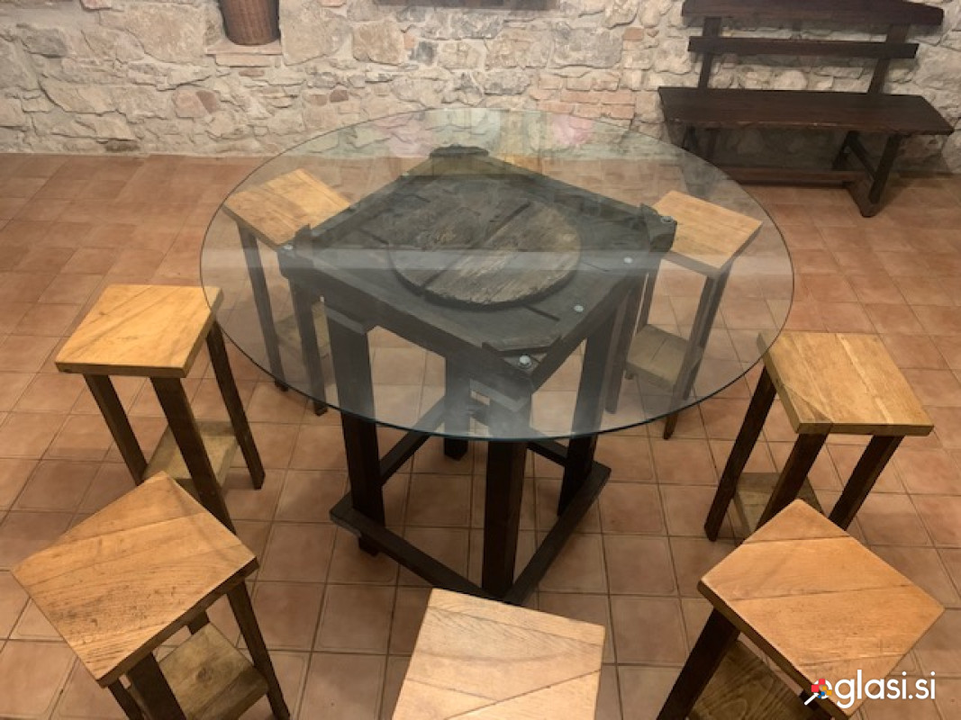 Miza, masivna, steklo, stoli, rustično, star les