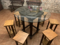 Miza, masivna, steklo, stoli, rustično, star les
