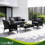 4 delna vrtna sedežna garnitura ratan z blazinami črna + steklena miza