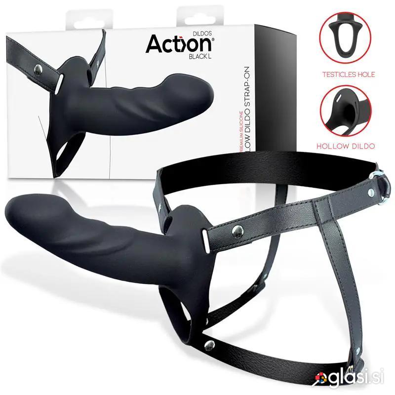 STRAP-ON Action Hollow Dildo Silicone Black (L)