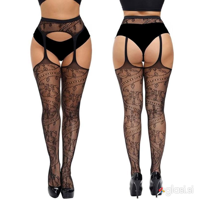NOGAVICE Valerina Black - mrežaste črne nogavice, cvetlična čipka, odprto mednož