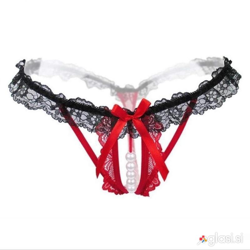 HLAČKE Yvette Black/Red - biseri, rdeča  in črna čipka